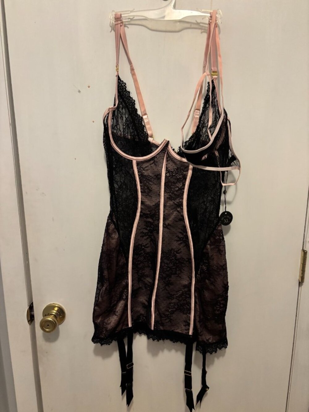 NWT House of Desire XL Jocelyn Underwired Chemise In Black With Pink w/ G String